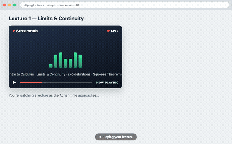 Adhan Caster Pro — in-page countdown, cross-tab media pause, and full-screen prayer-focus flow